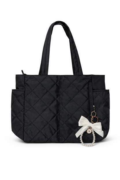Pink Quilted Zip Tote with Pearl Bow Charm